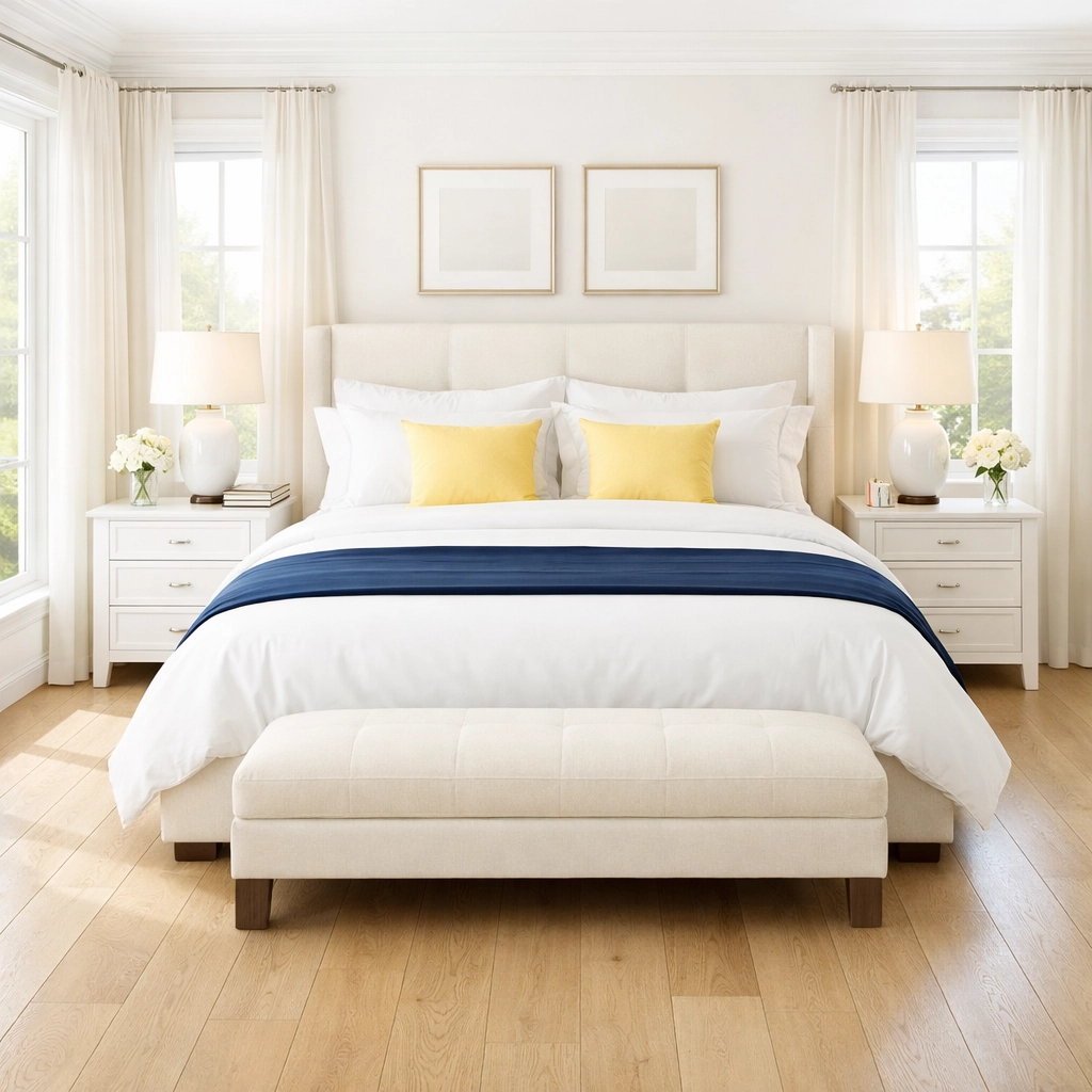 Clean master bedroom with spotless oak floors illustrating luxury cleaning at Dover’s modern estates.