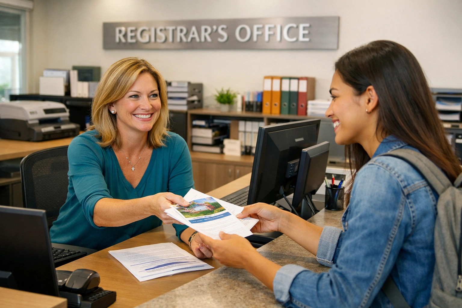 College registrar office staff helping student with CLEP credit evaluation (1x1, center safe zone)