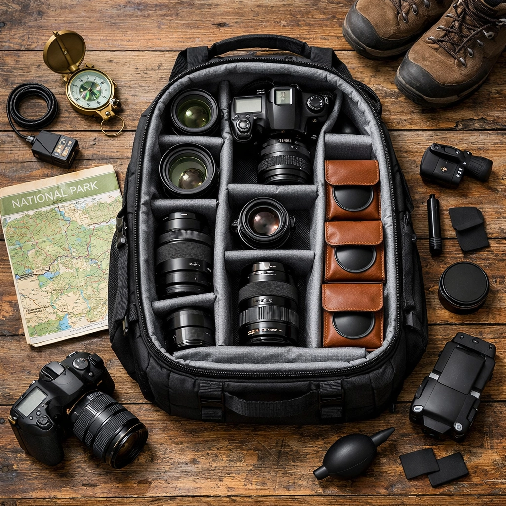 Essential photography gear and national park maps organized in a camera bag for a photography trip.