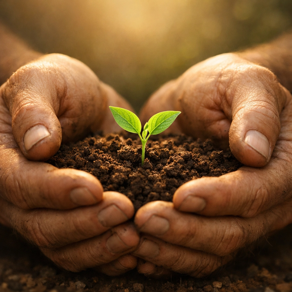 Hands nurturing a green sprout representing growth through self-forgiveness and core wound healing.