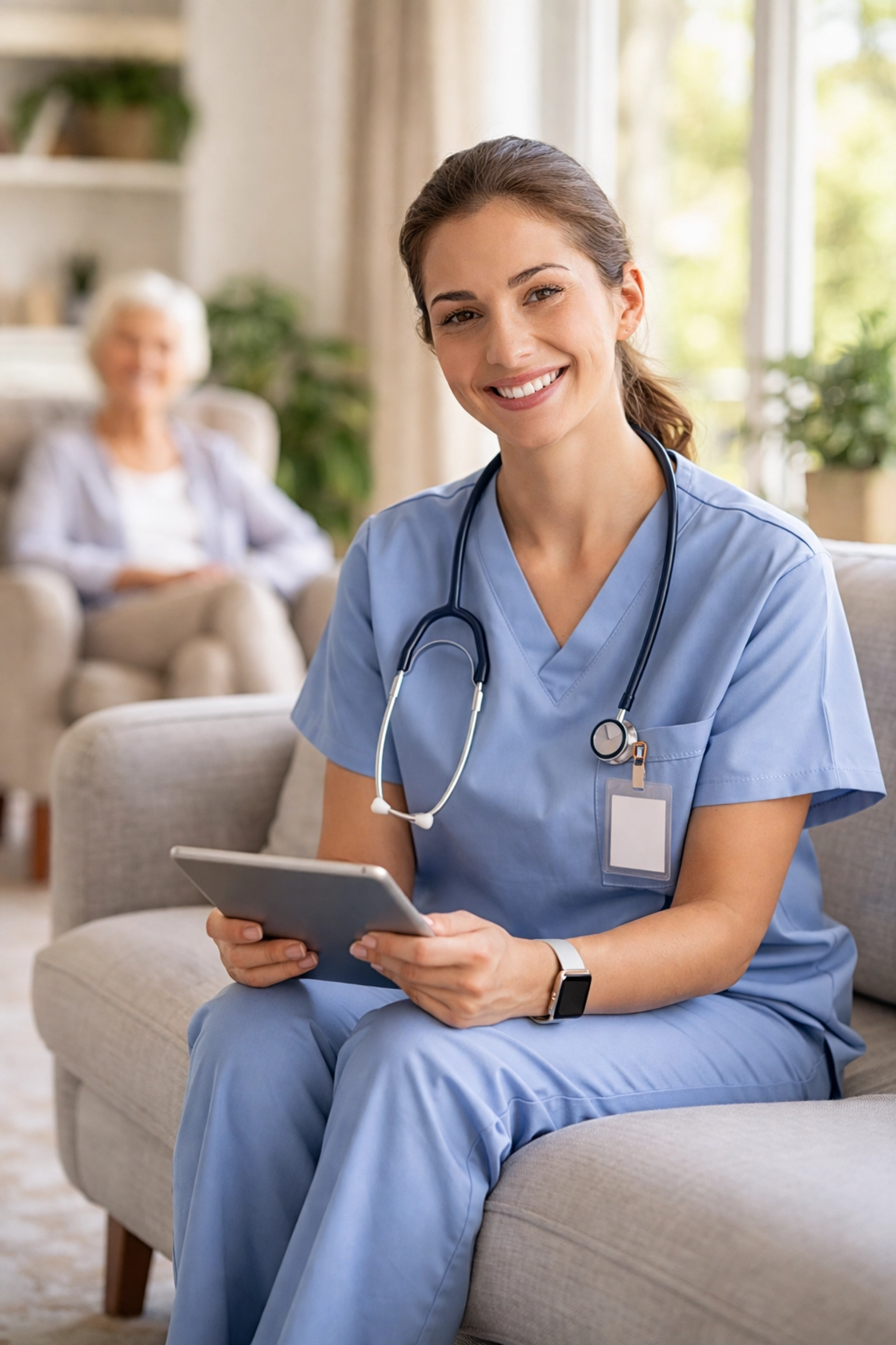Smiling clinician in a bright home setting reviewing a tablet, showing reduced documentation time and improved work-life balance.