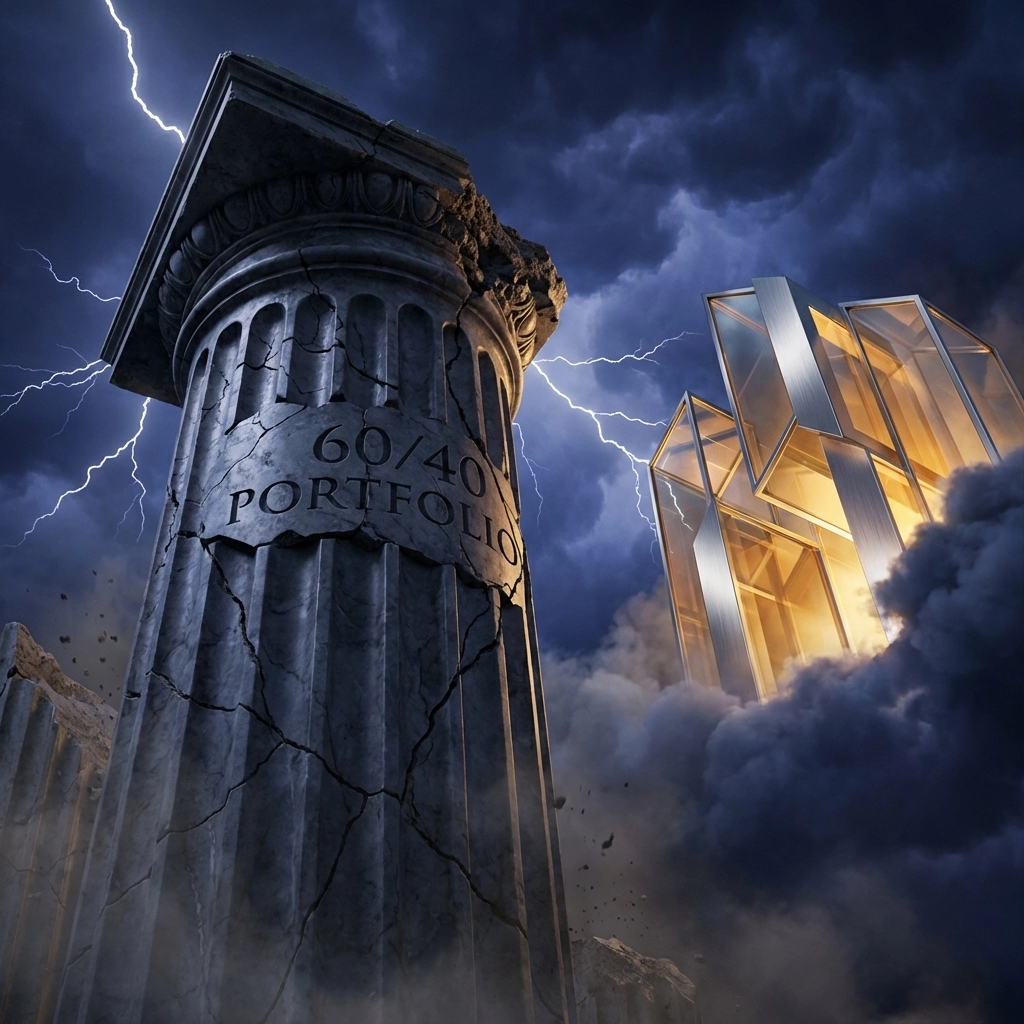 A crumbling stone column under stormy skies represents the outdated 60/40 portfolio, contrasted by a modern structure symbolizing innovative investment strategies.