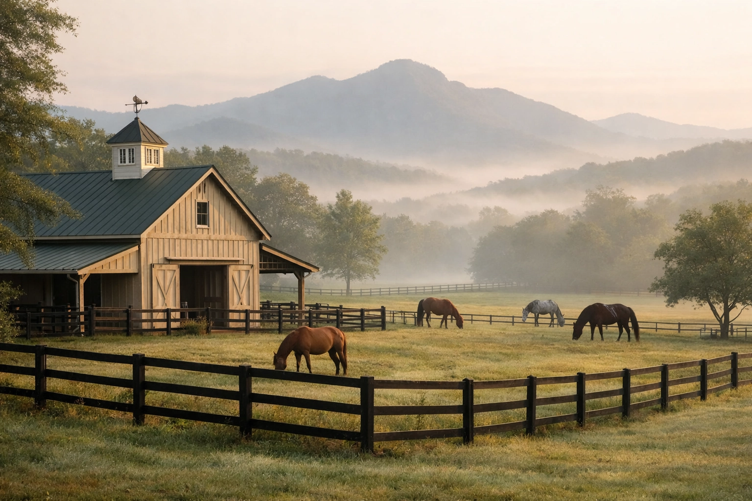 Horse farm for sale in Tryon NC with barn, fenced pastures, and mountain views