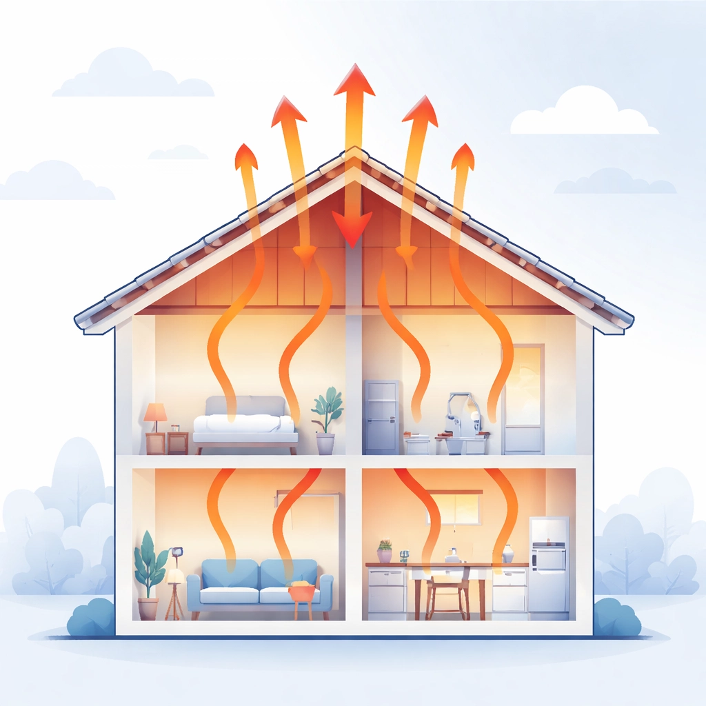 Cross-section illustration of a UK house showing heat loss through an uninsulated loft roof, highlighting energy inefficiency.