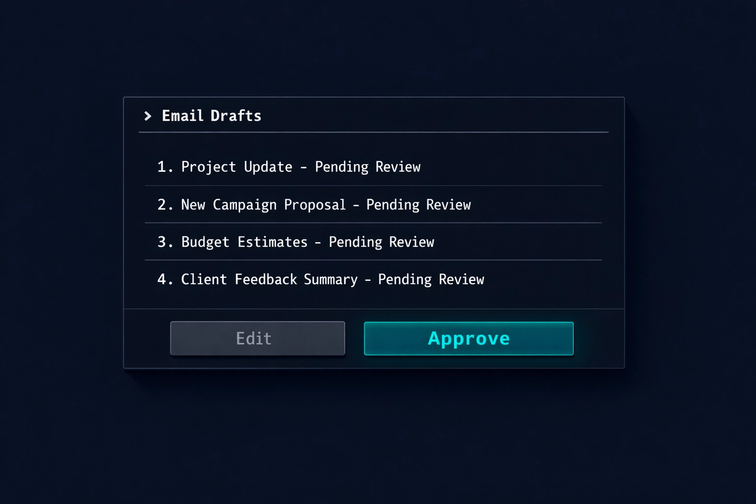 Dark-mode interface showing human-in-the-loop control for approving AI-generated outbound sales emails.