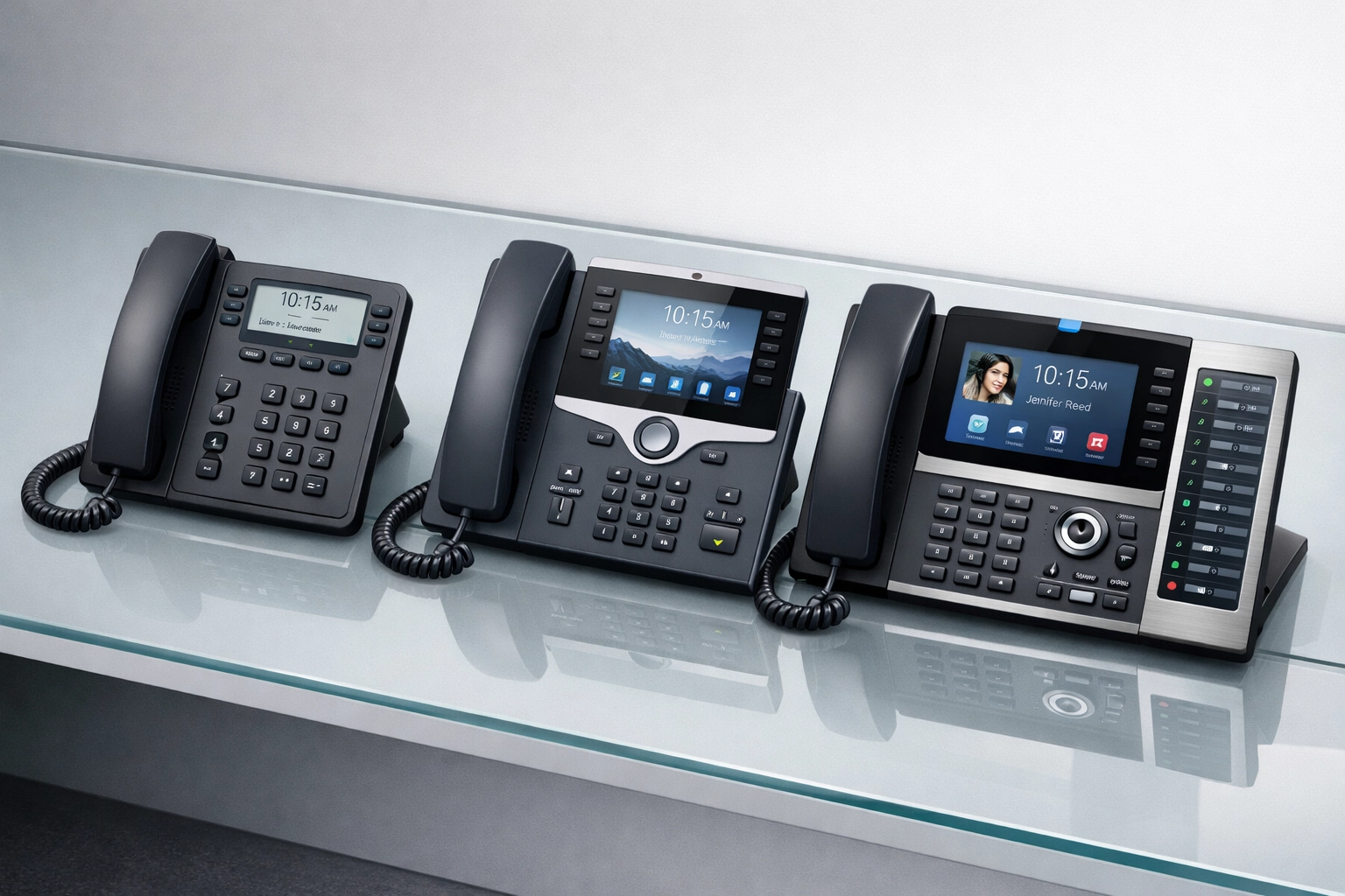 Three different IP phone models for various business roles, from entry-level to executive handsets.