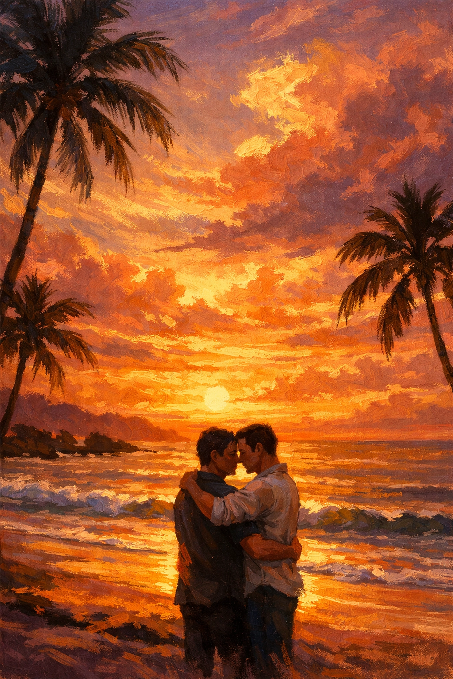 Gay couple embracing on beach at sunset - MM romance and authentic love story