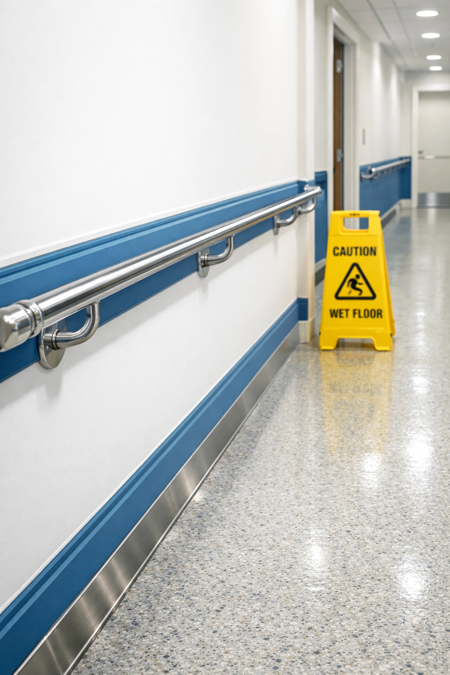 Sanitized senior care hallway with clean handrails and a safety sign, showing specialized cleaning for resident safety.