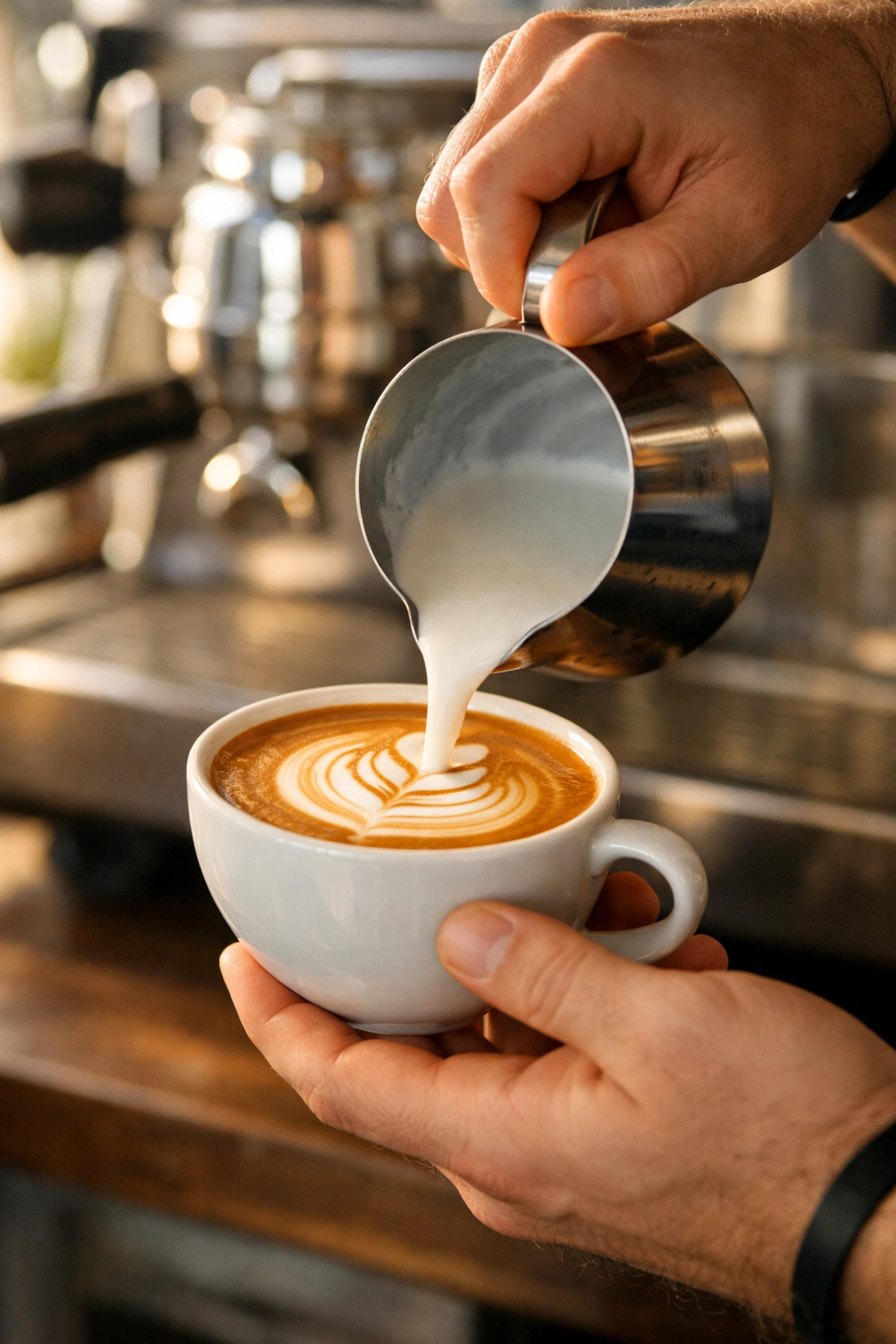 Barista pouring steamed milk to create latte art in specialty coffee shop