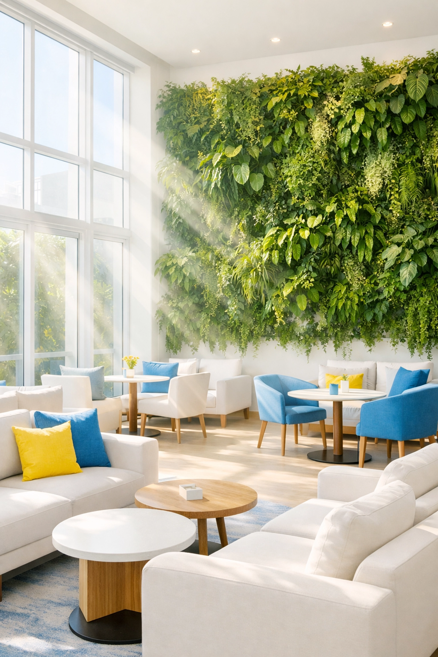 Eco-friendly hotel lounge with a lush green plant wall and fresh, professionally cleaned furniture.