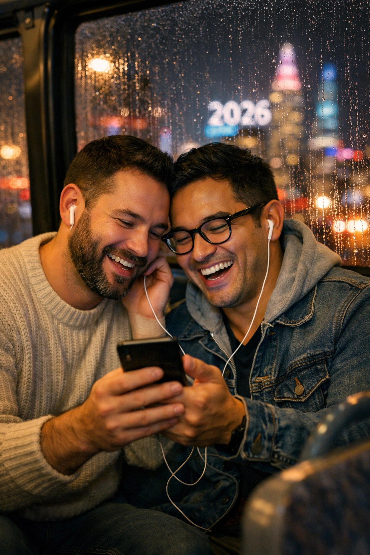 Gay couple sharing earbuds on a city bus, enjoying a queer audiobook during their daily commute in 2026.