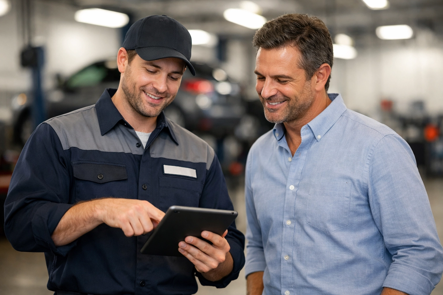 Boise mechanic explaining inspection results to a used car buyer in a professional shop.