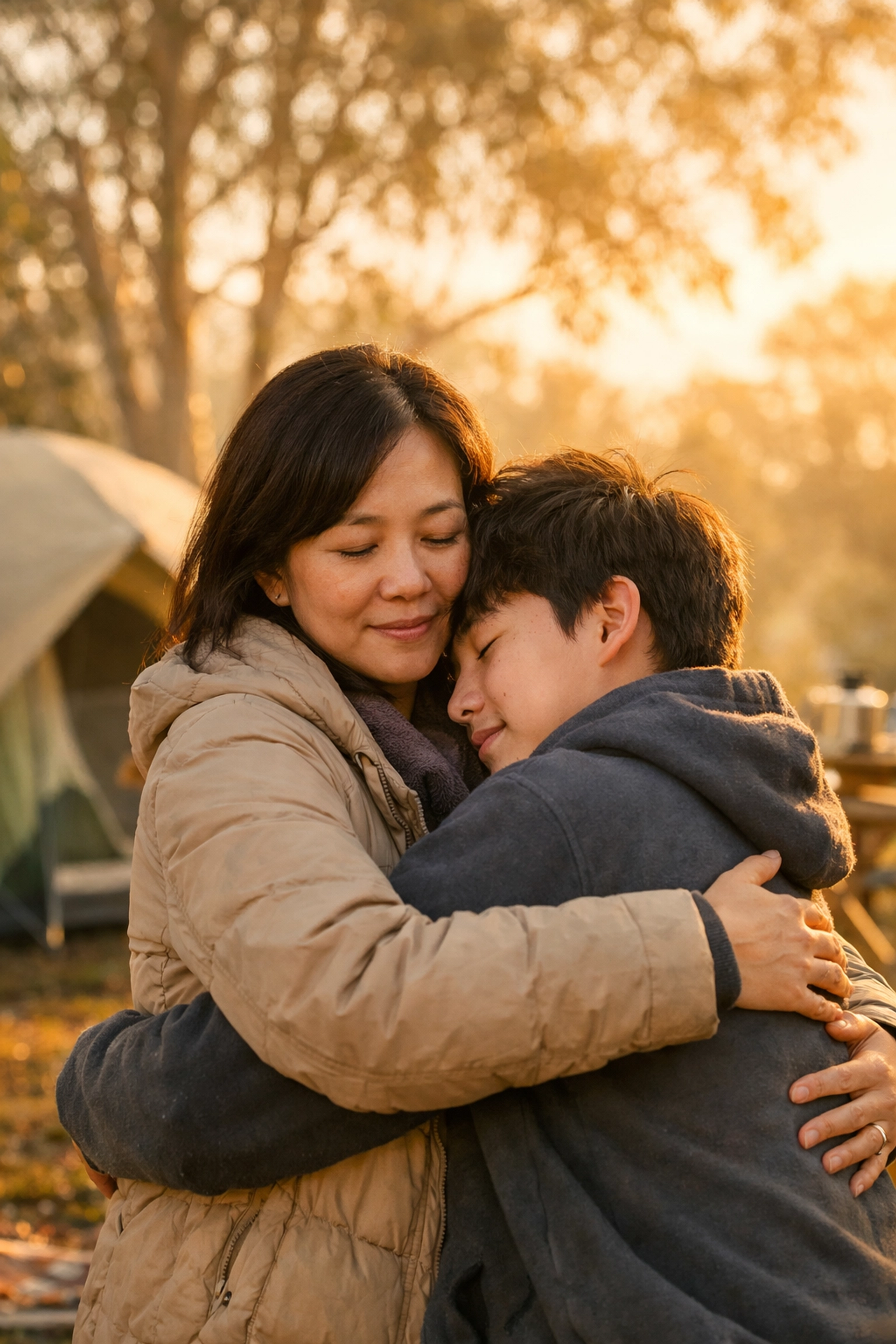 Mother embracing gay son after coming out at Sydney campsite