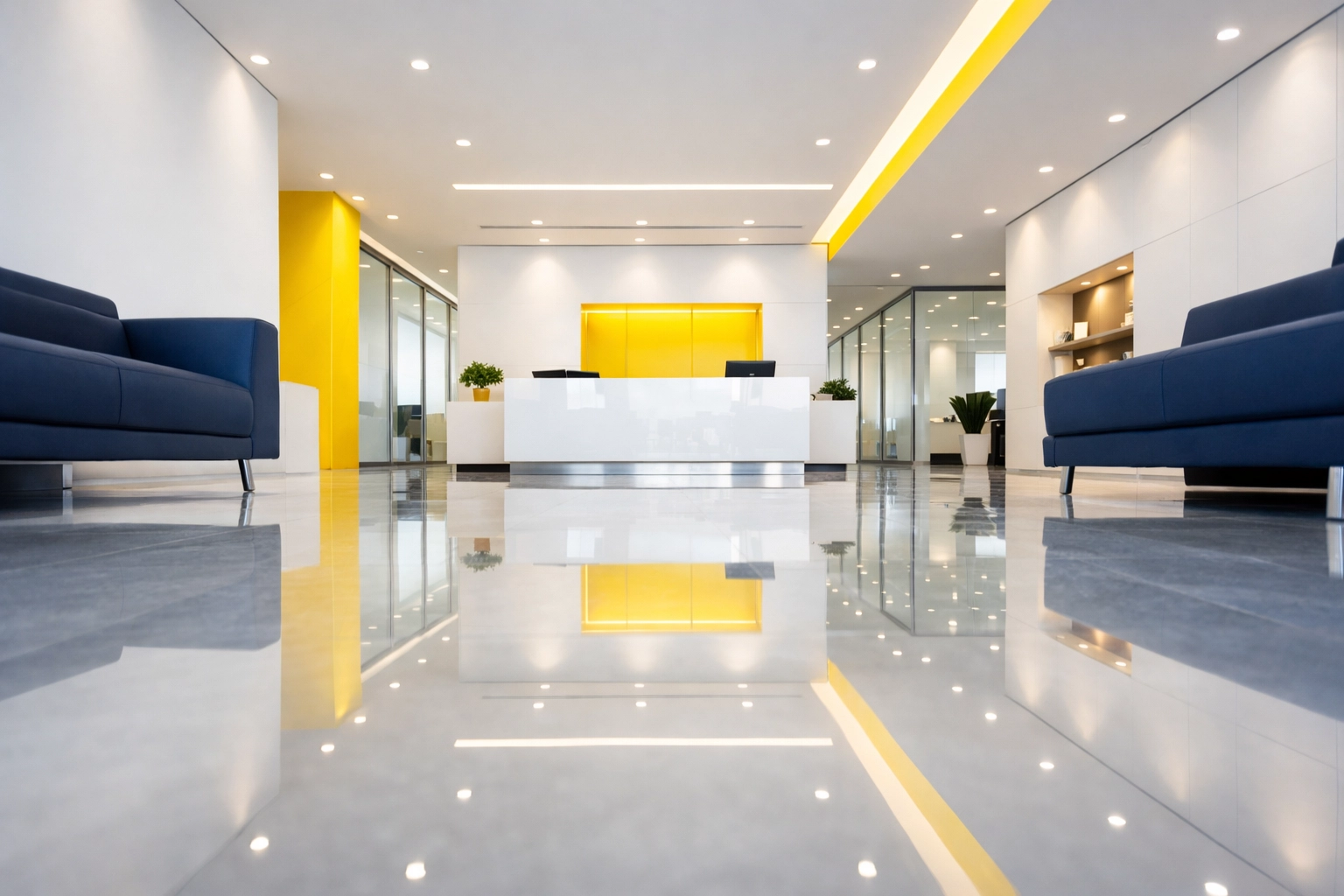 Sleek commercial lobby with reflective floors following a final construction clean by The Cleaning Ninjas.