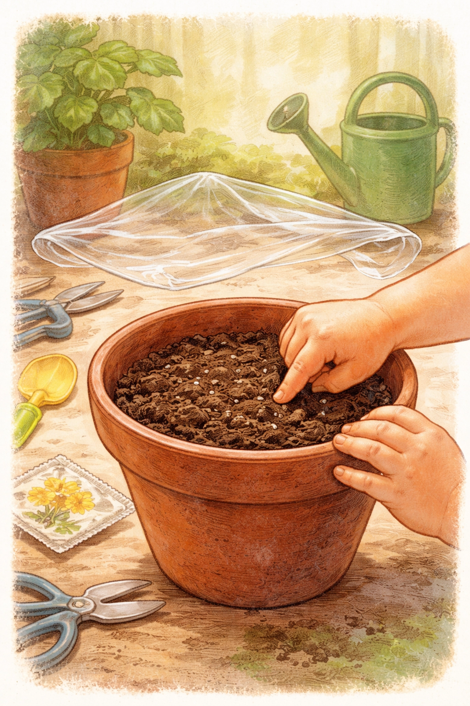 Small hands planting Sensitive Plant seeds in a clay pot, demonstrating an easy home gardening project