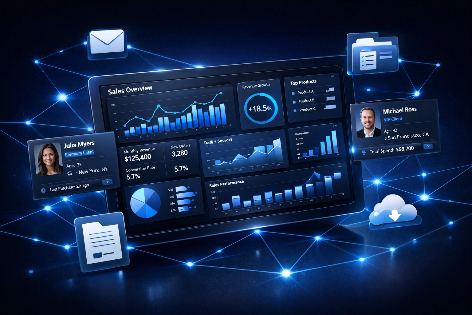Custom software dashboard showing client portal interface with data visualizations and customer management tools