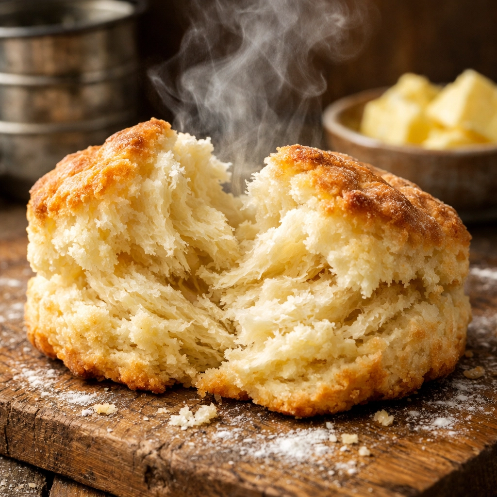Fresh, flaky buttermilk biscuit pulled apart on a rustic wooden board, showing the signature texture of Southern catering.
