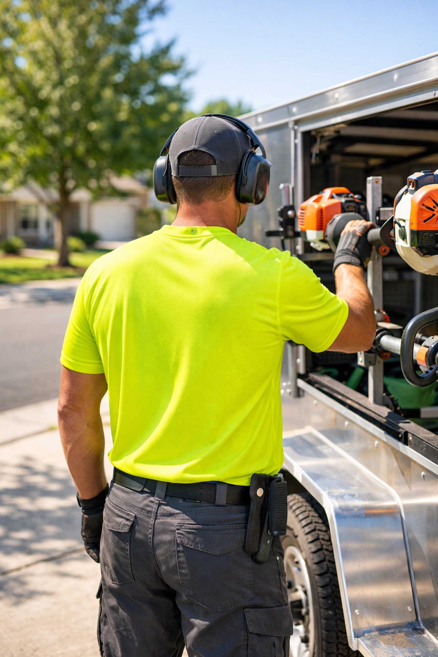 Lawn care worker wearing a high-visibility custom t shirt for safety and professional jobsite branding.