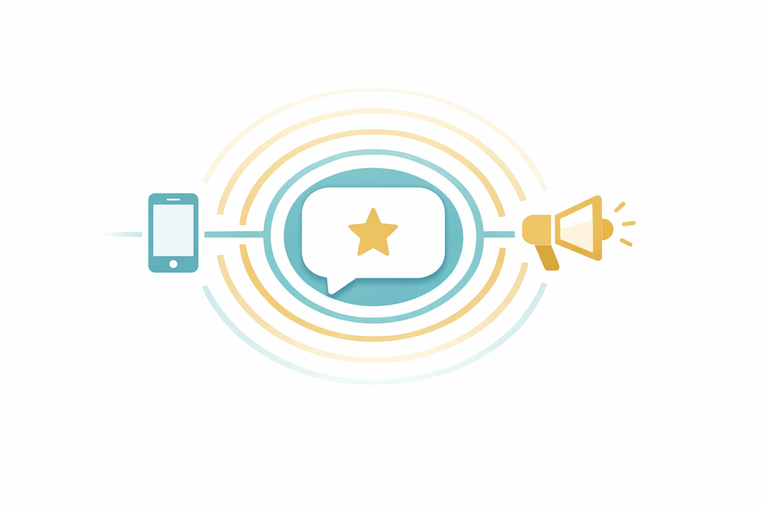 An illustration of a customer review expanding into social media to boost trust and local business visibility.