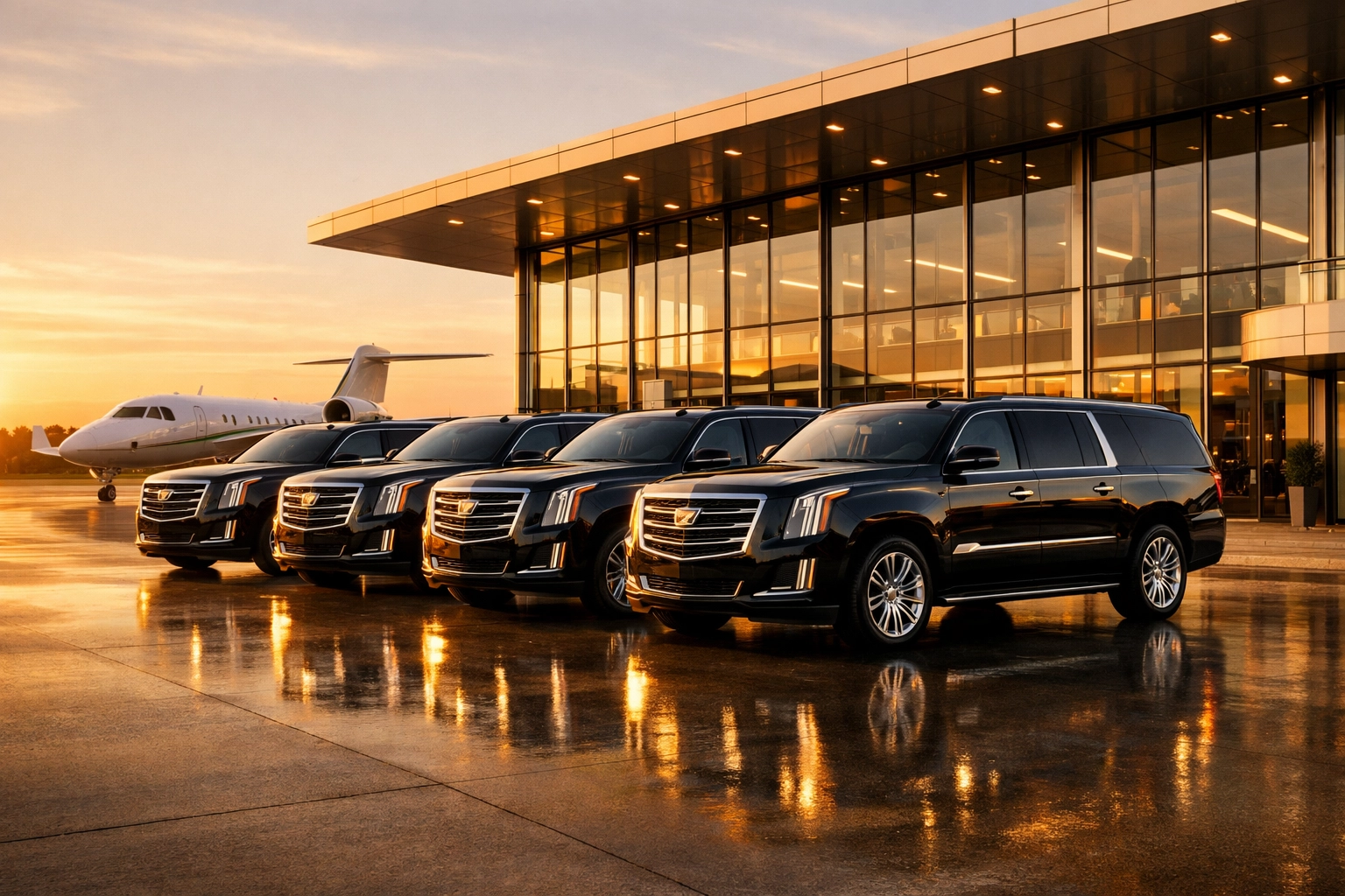 Fleet of luxury executive SUVs at a private airport terminal representing seamless corporate travel logistics.