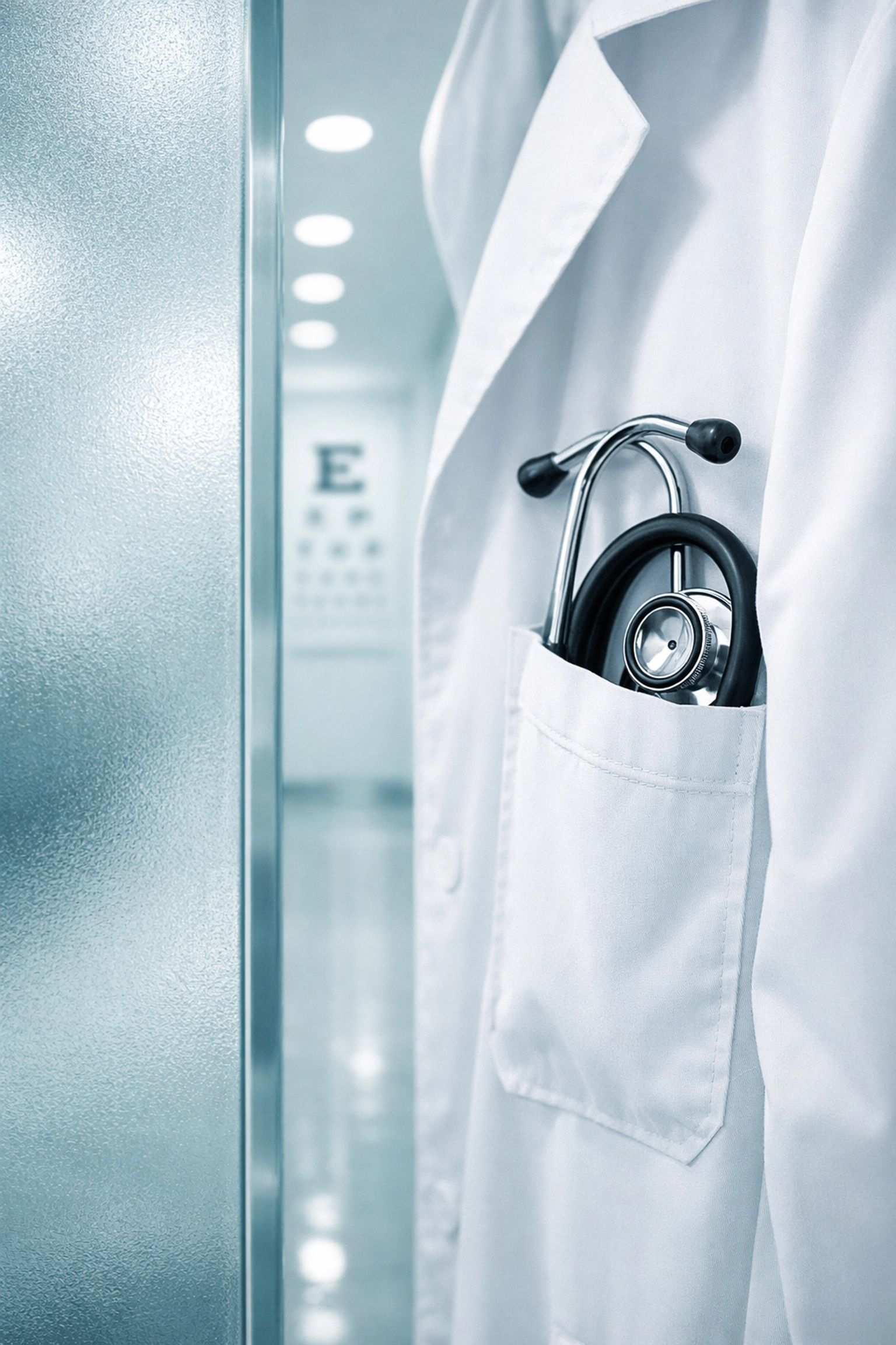 White doctor's coat in an optometry practice symbolizing the start of provider credentialing and onboarding.