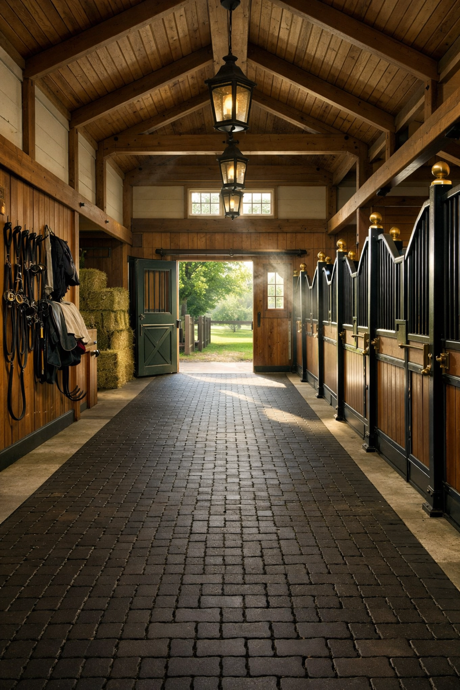 Professional horse barn interior with stalls and center aisle at Waxhaw equestrian property