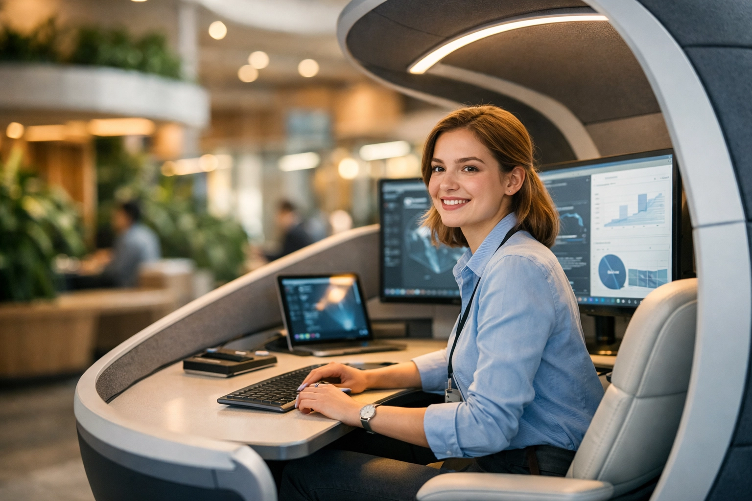 An intern working at a futuristic ergonomic workstation in a collaborative innovation center.