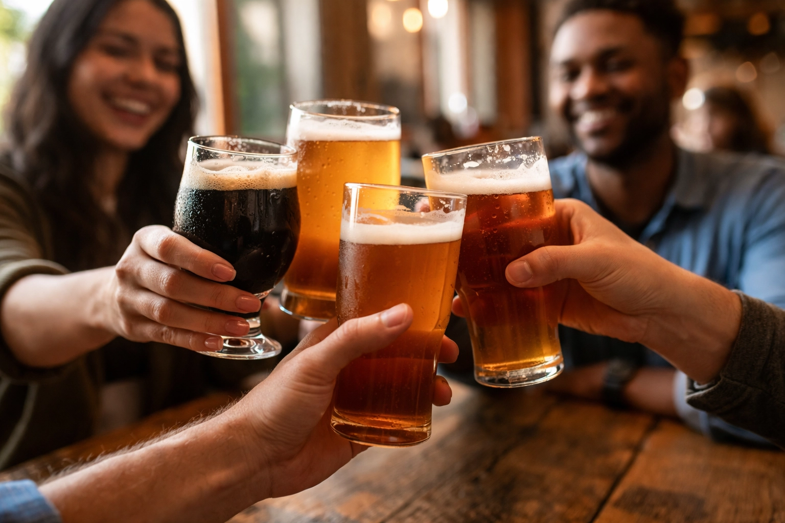 Friends enjoying Brighton craft beers in a cozy taproom, celebrating the local brewery community.