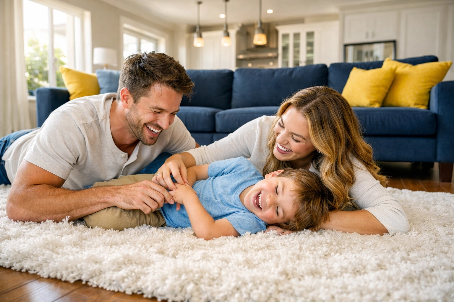 A happy family playing in a spotless living room after house cleaning Northborough.