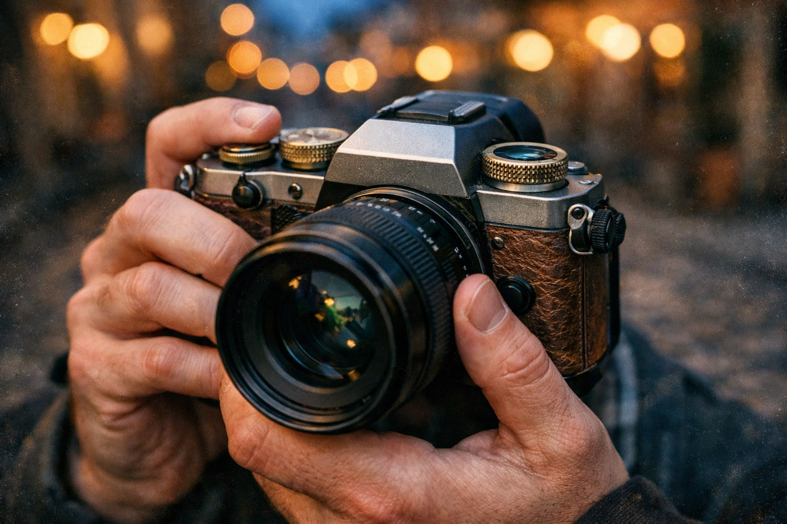 Photographer holding a vintage style camera on a cobblestone street, using pro gear secrets.