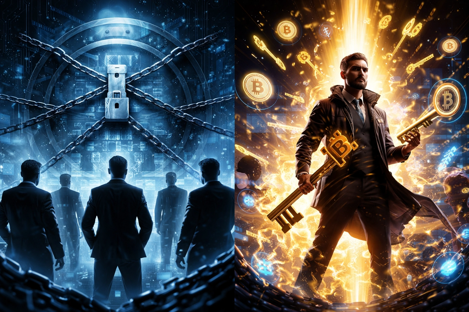 Visual comparison of custodial vs self-custody merchant accounts with blockchain and cryptocurrency symbols