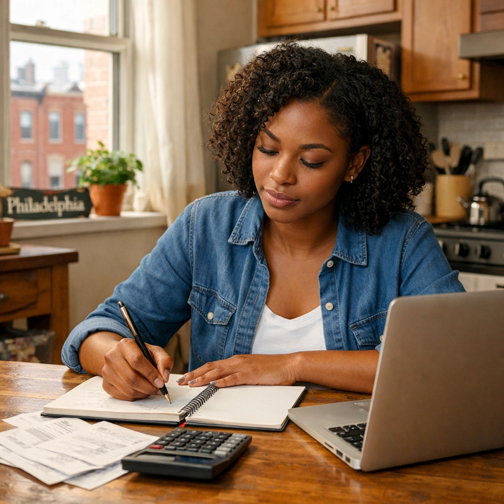 Woman planning budget and preparing rental application for low-income housing in Philadelphia