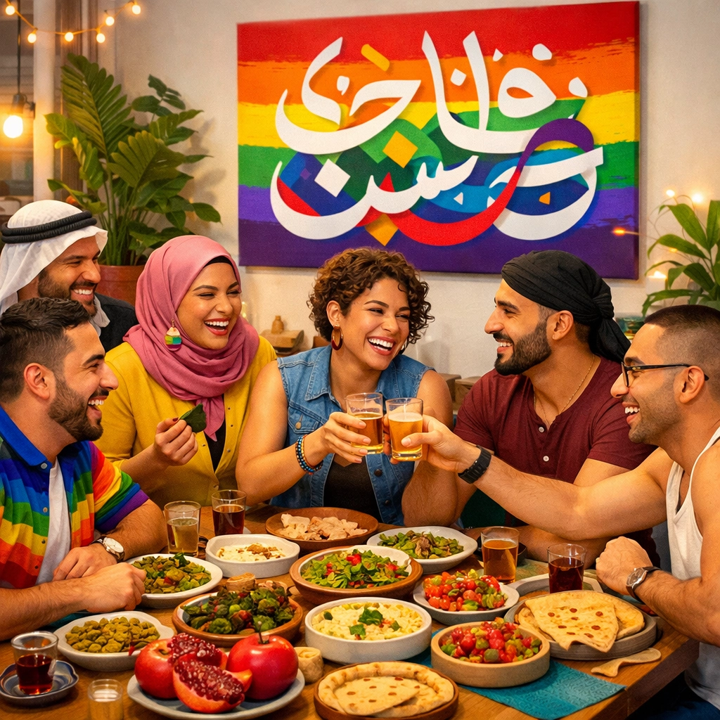 A group of queer Arab friends enjoying a traditional meal together, illustrating the beauty of chosen family in exile.