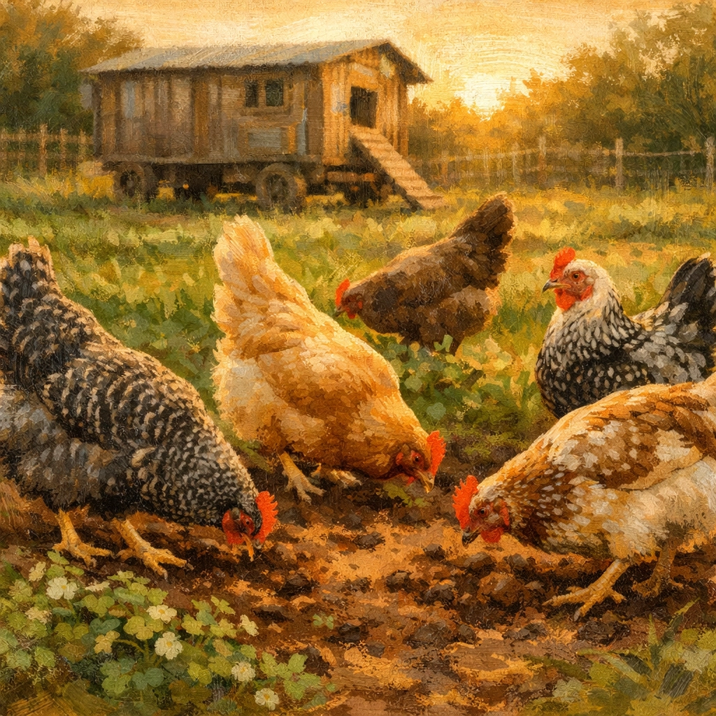 Pasture-raised hens foraging freely in green fields at Faithful Flock Farm