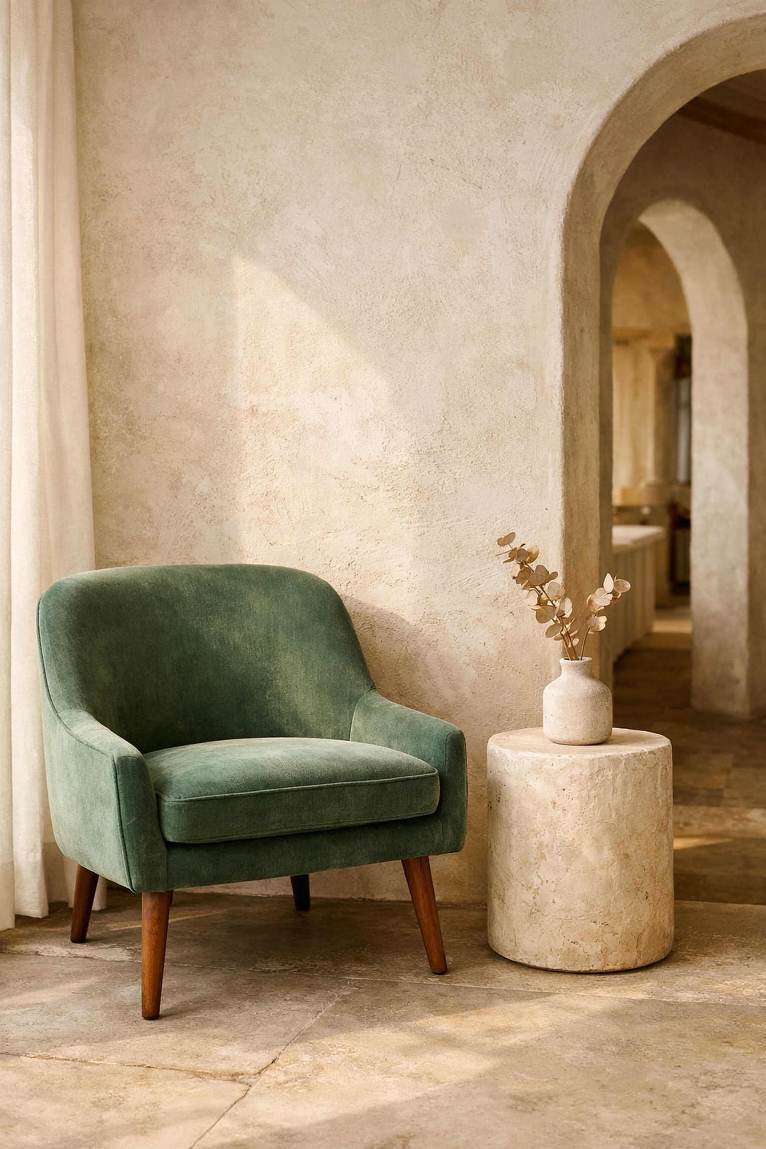 Boutique hotel guest room corner with a green velvet armchair and minimalist, locally-inspired interior design.