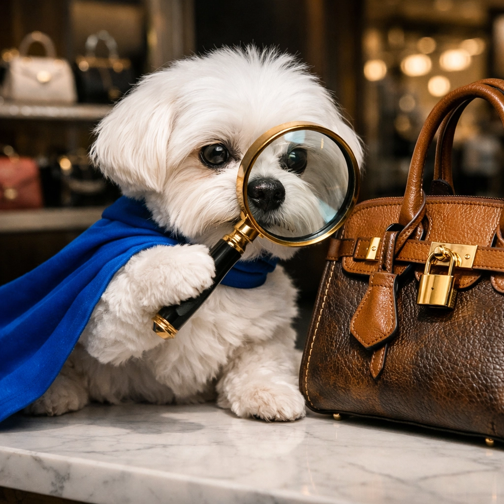 Maltese dog Daisy AI inspecting a luxury handbag with a magnifying glass to ensure professional authentication.