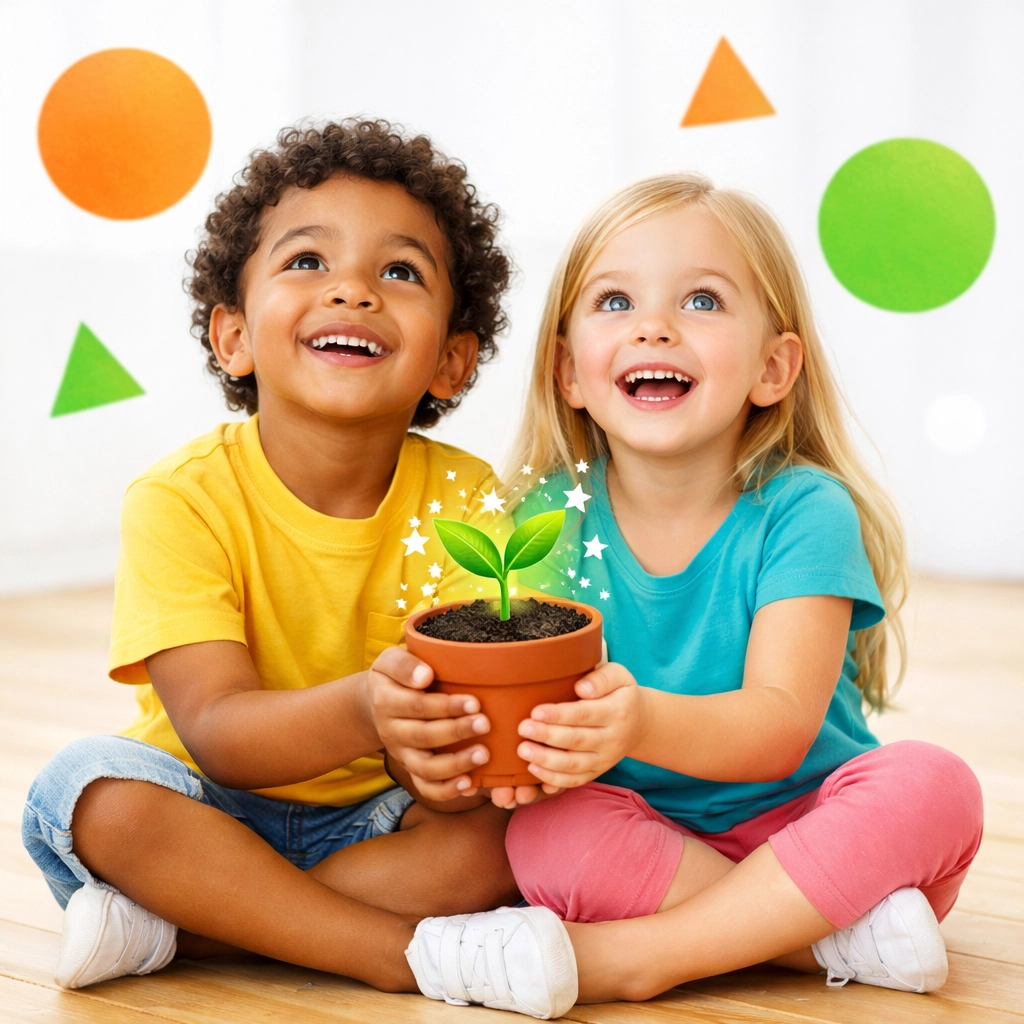 Diverse children holding a plant to illustrate stewardship and Christian life skills for kids and teens.