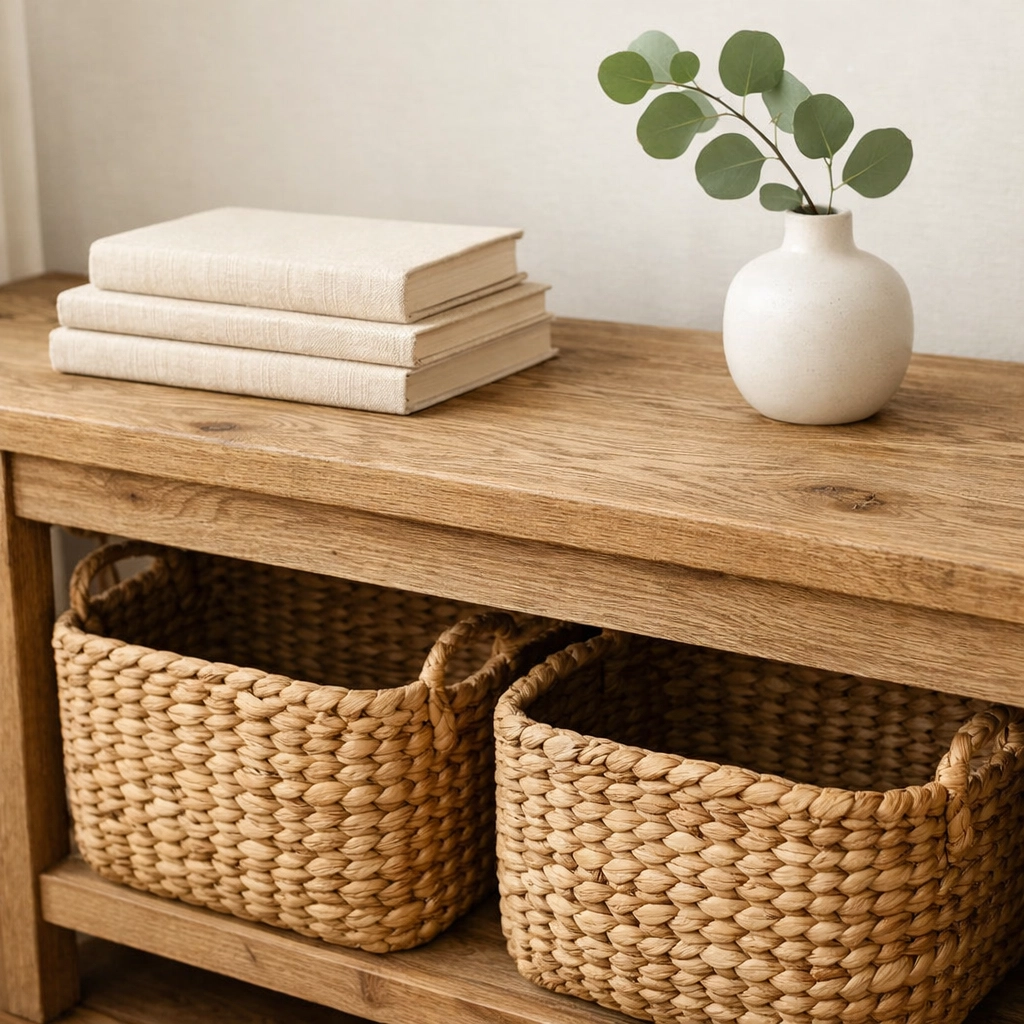 Styled farmhouse console table featuring woven storage baskets and minimalist home decor accents.