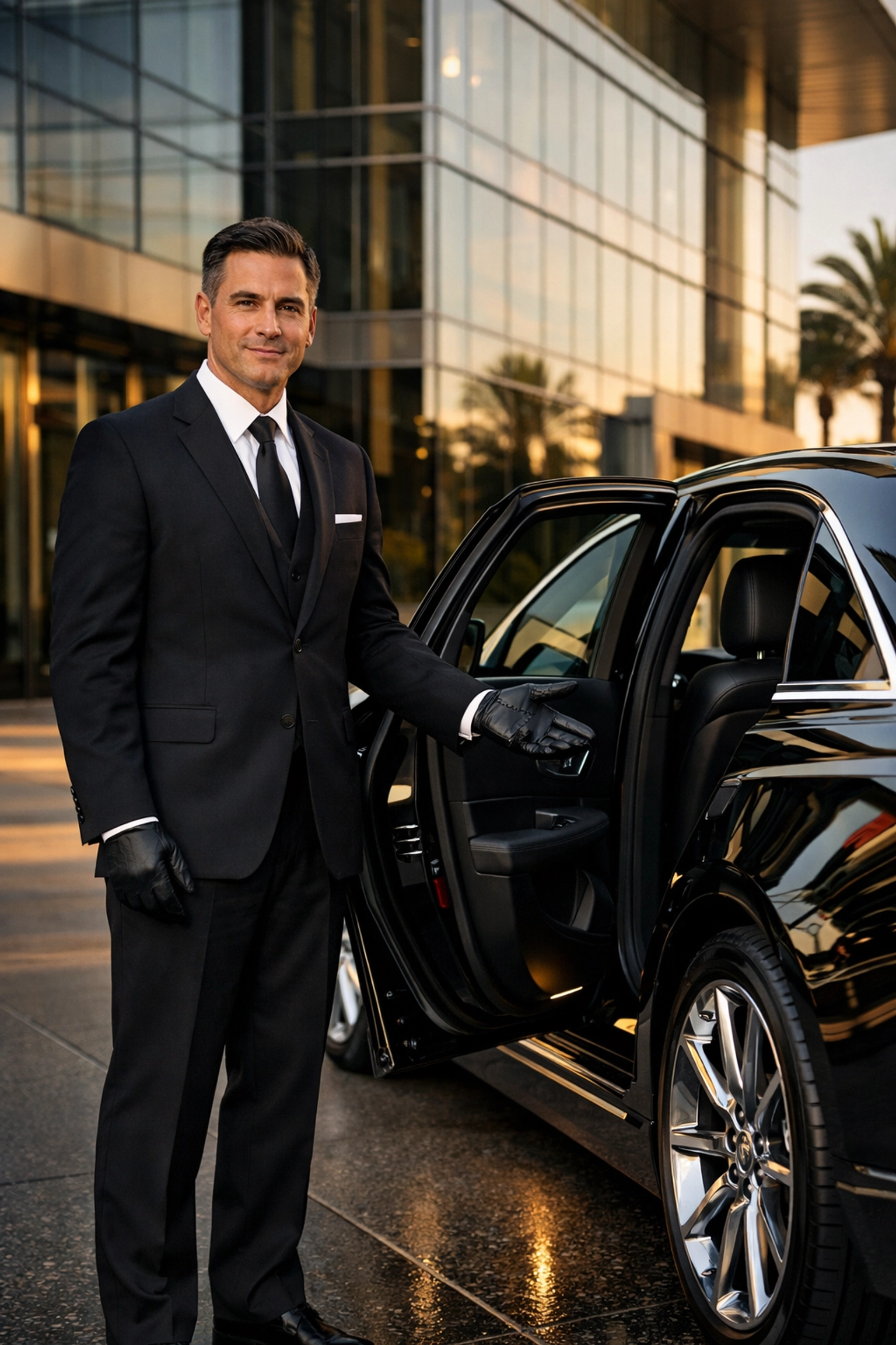 Executive car service Orange chauffeur standing by a luxury black sedan for an Orange to LAX commute.