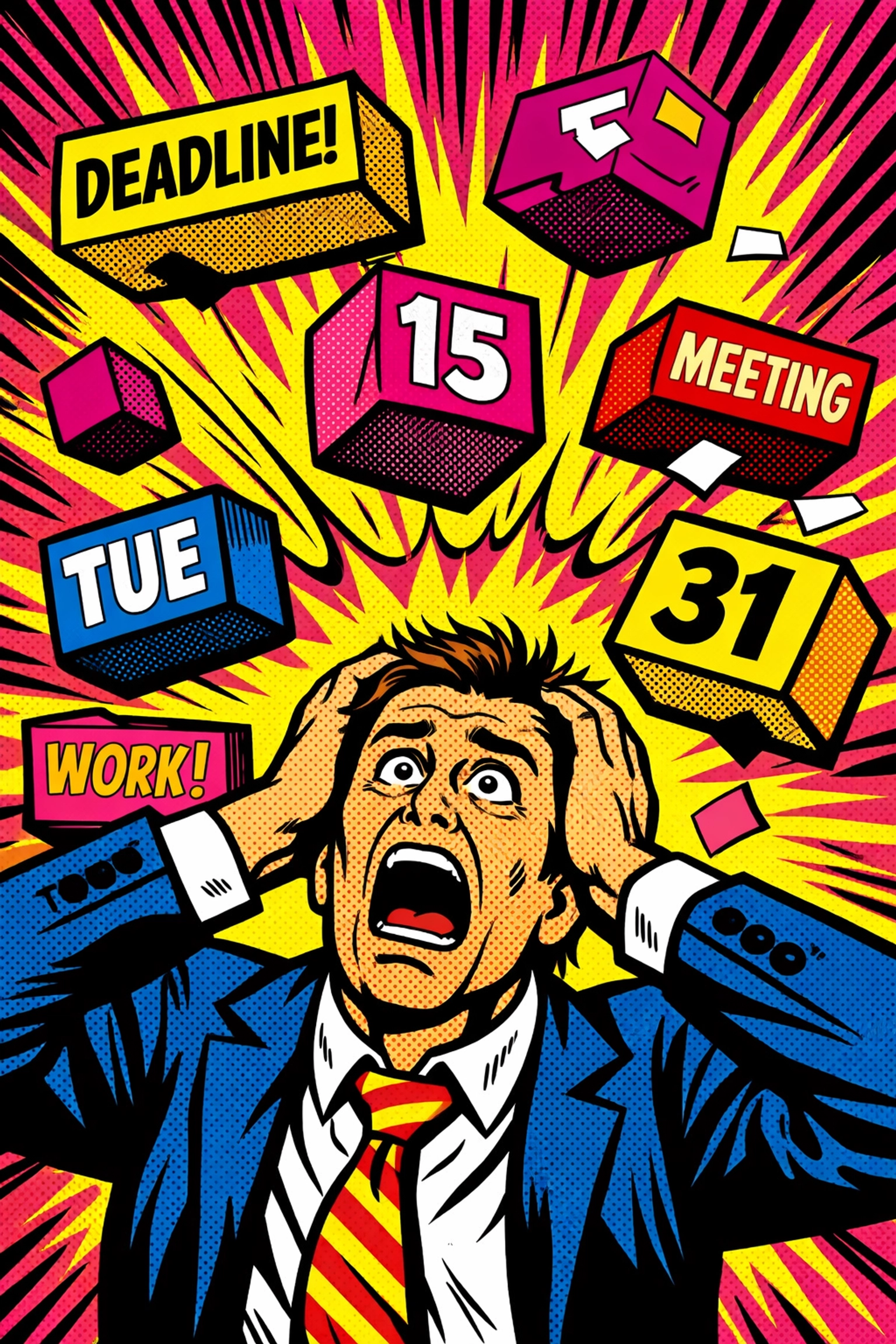 Frantic business owner overwhelmed by a messy schedule of falling calendar blocks.
