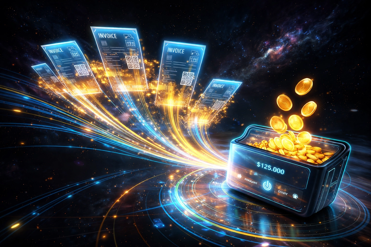 A digital financial dashboard depicts tokenized invoices turning into coins, highlighting Larecoin's instant cash flow and receivables solutions for merchants.