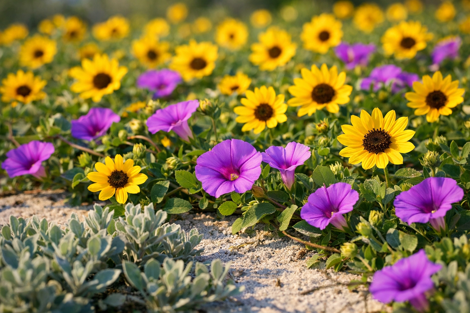 Beach Sunflower and Railroad Vine groundcover thriving in Cape Coral sandy soil