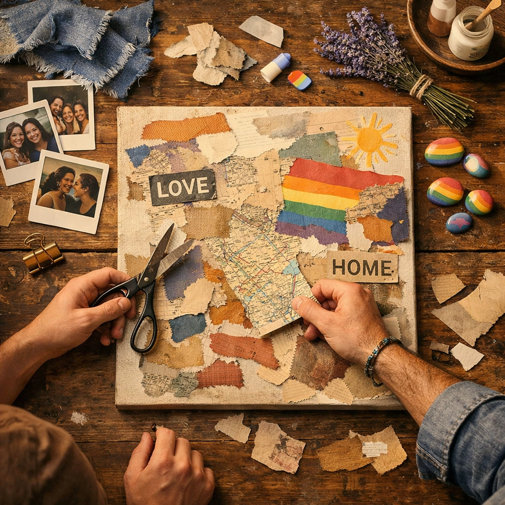 Two men creating a mixed-media collage representing queer found family and diverse identities.