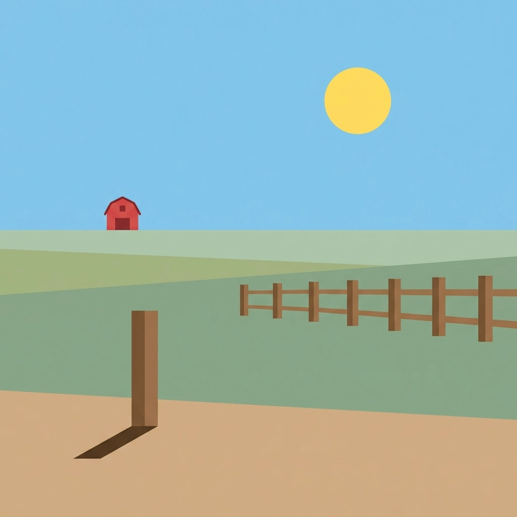 Minimalist illustration of a bright open farm landscape at midday with a red barn, green fields, and a clear sky showing a single fence post casting a sharp shadow, demonstrating ideal conditions for sun tracking activities.