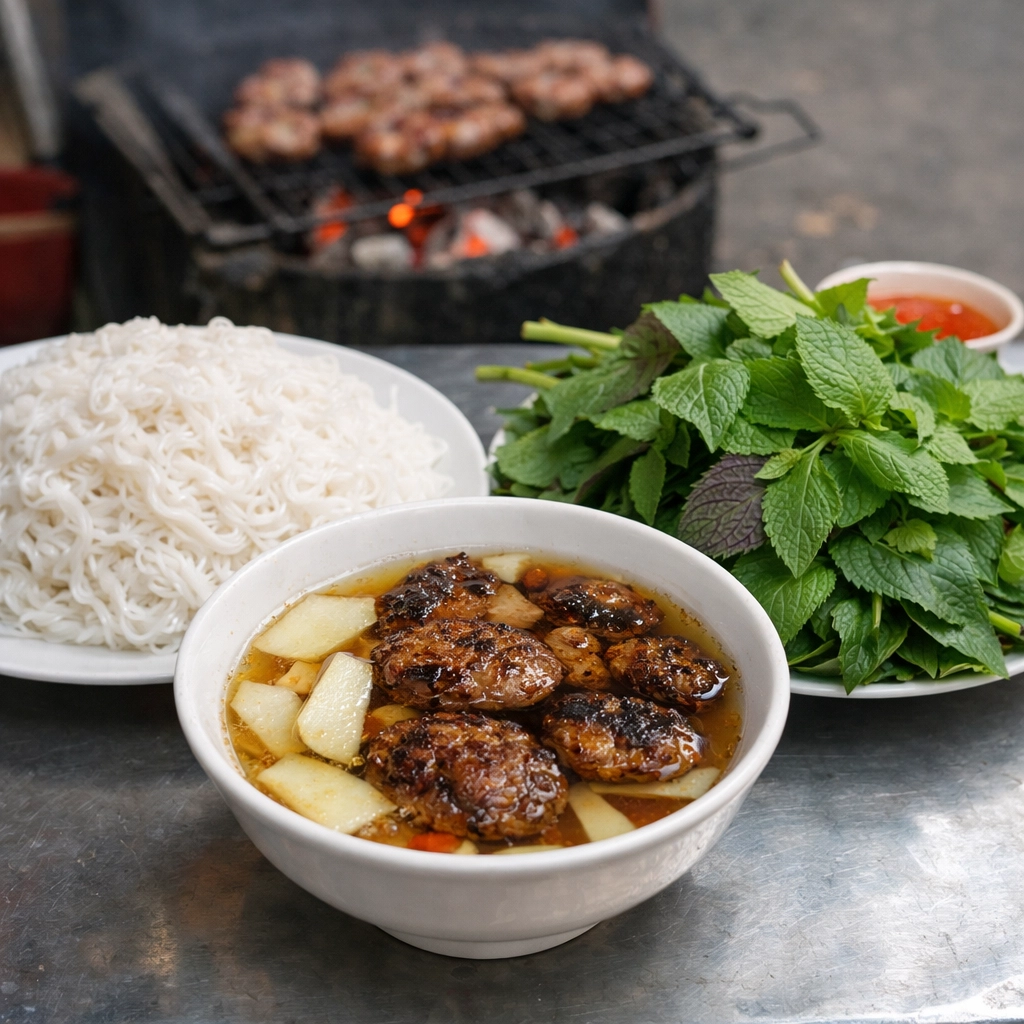 Traditional Hanoi Bun Cha featuring grilled pork, rice noodles, and fresh herbs on a small street-side table.