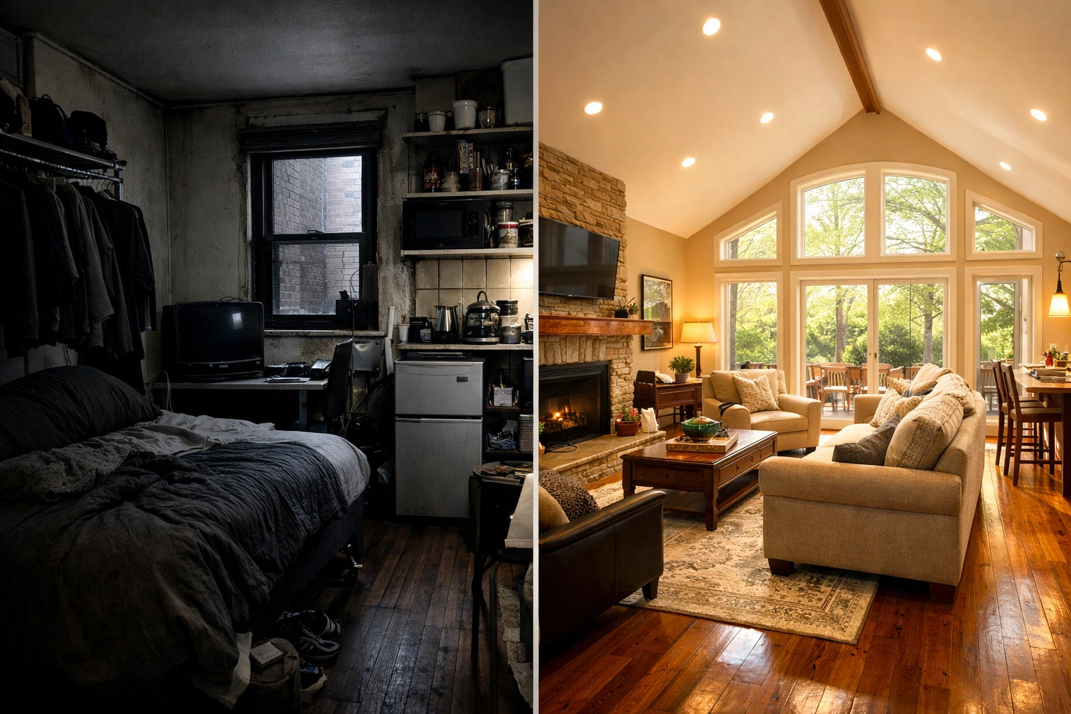NYC apartment vs Winston-Salem home comparison showing dramatic space difference