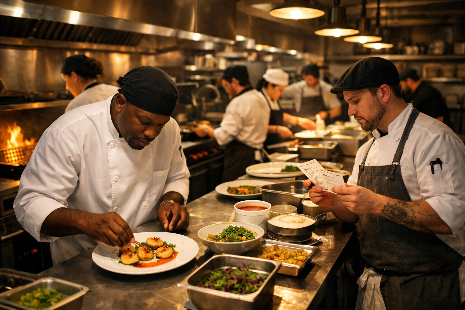 Restaurant kitchen team plating scallops during dinner service showing operations excellence