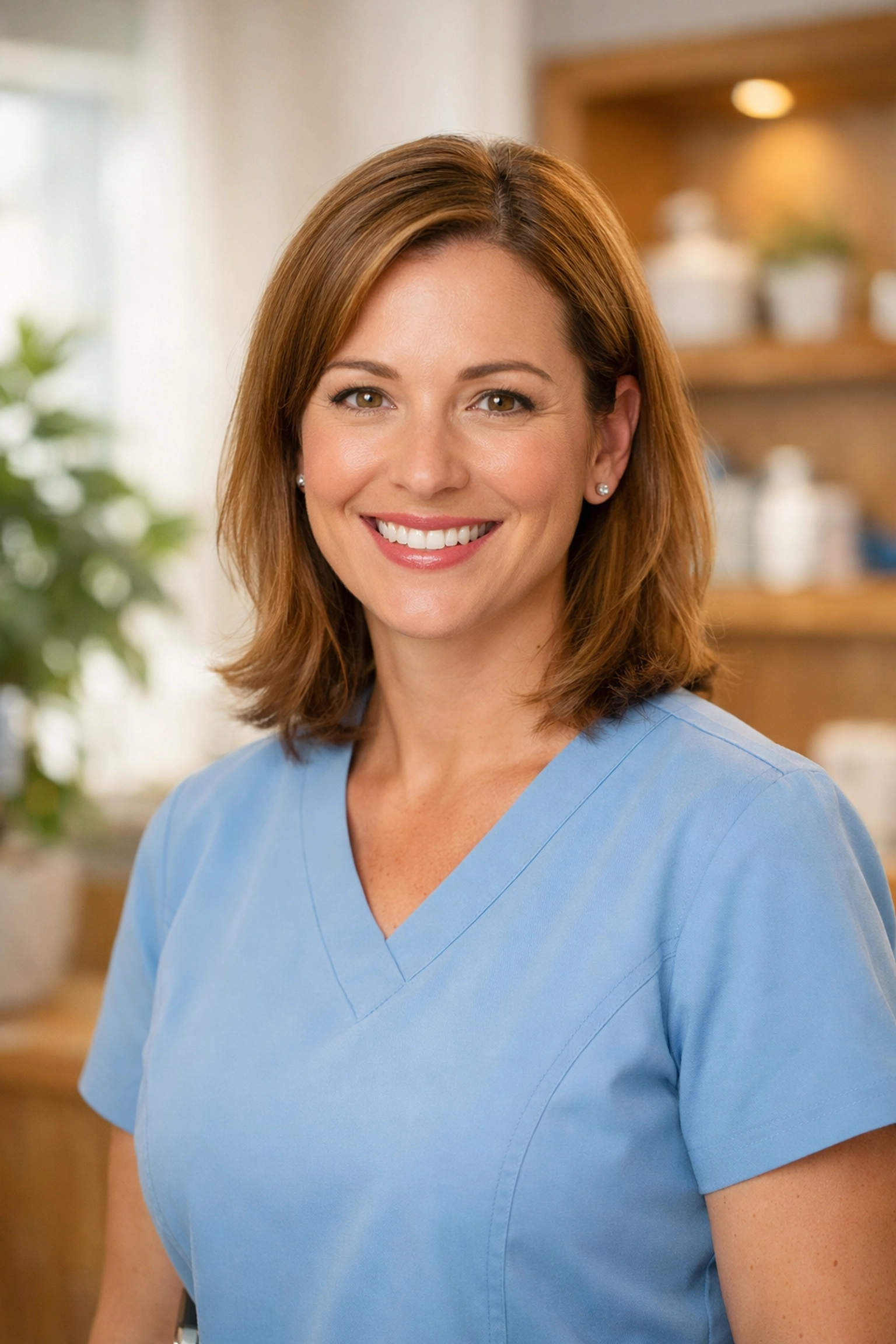 Nurse Jenny, a metabolic wellness expert at Caring Hearts Psychiatry, smiling in a modern medical office.