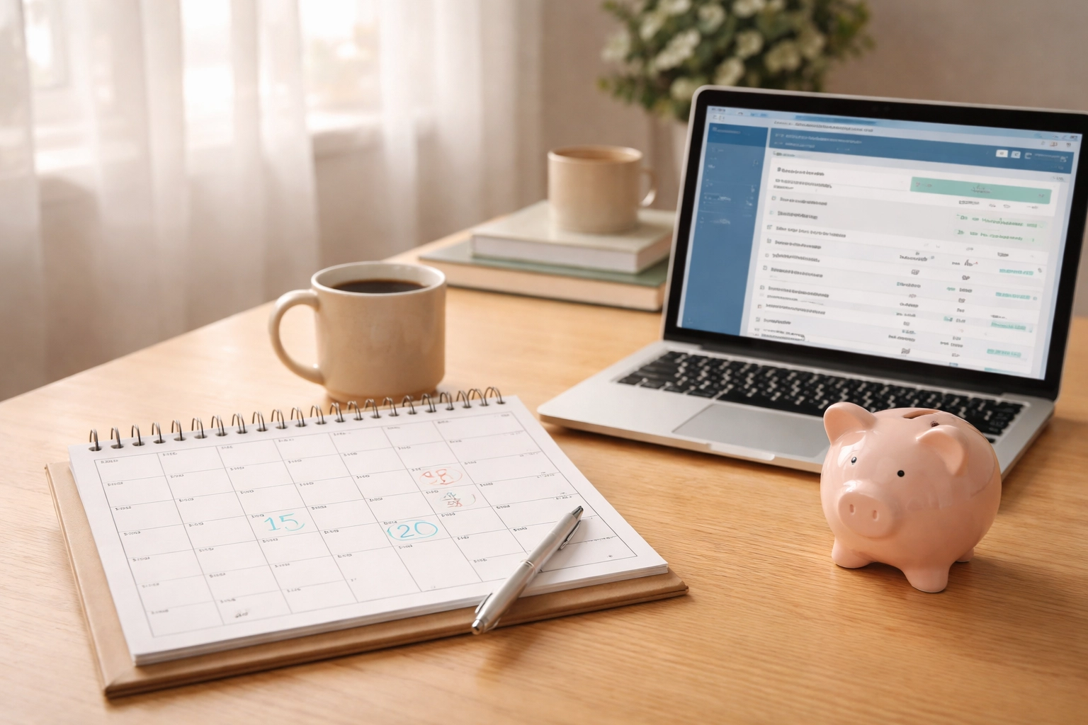 Home office desk with calendar and piggy bank, emphasizing quarterly estimated tax planning for small businesses.