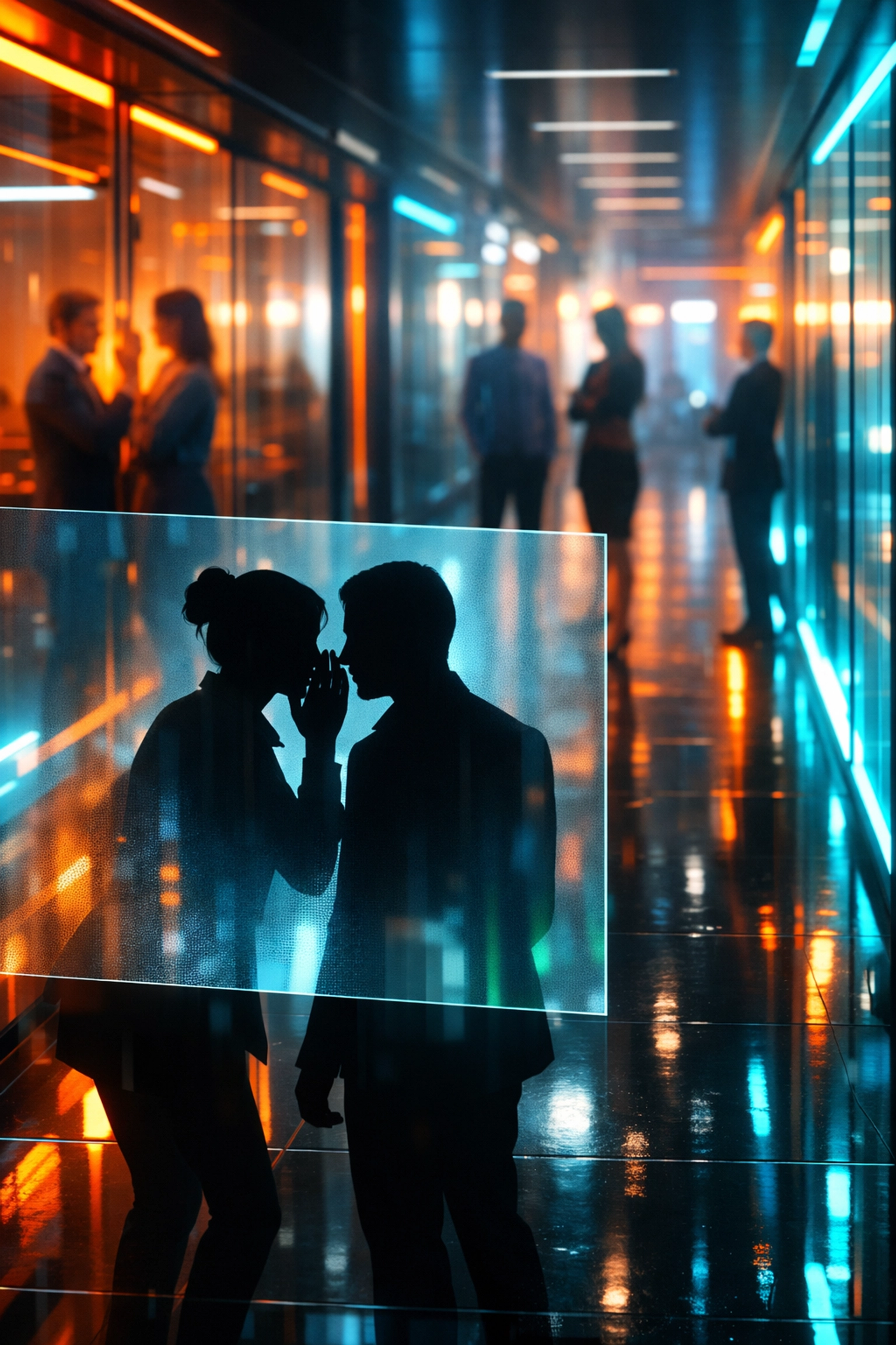 Stylish colleagues whispering in a modern office hallway, depicting workplace romance gossip.